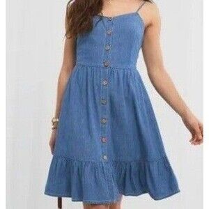 japna Blue cotton denim sundress summer mini dress button down front small xs s